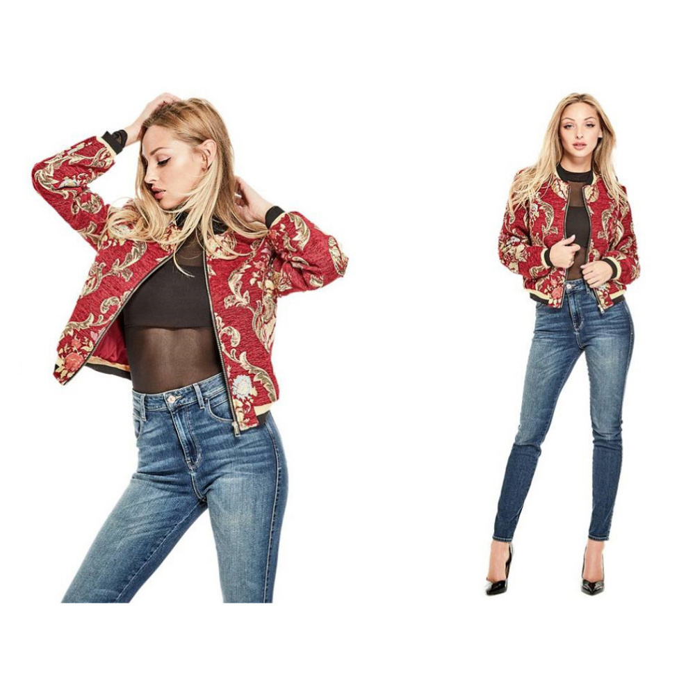 GUESS Floral Red Paisley Jacquard Bling Stylish Designer Bomber Jacket Medium